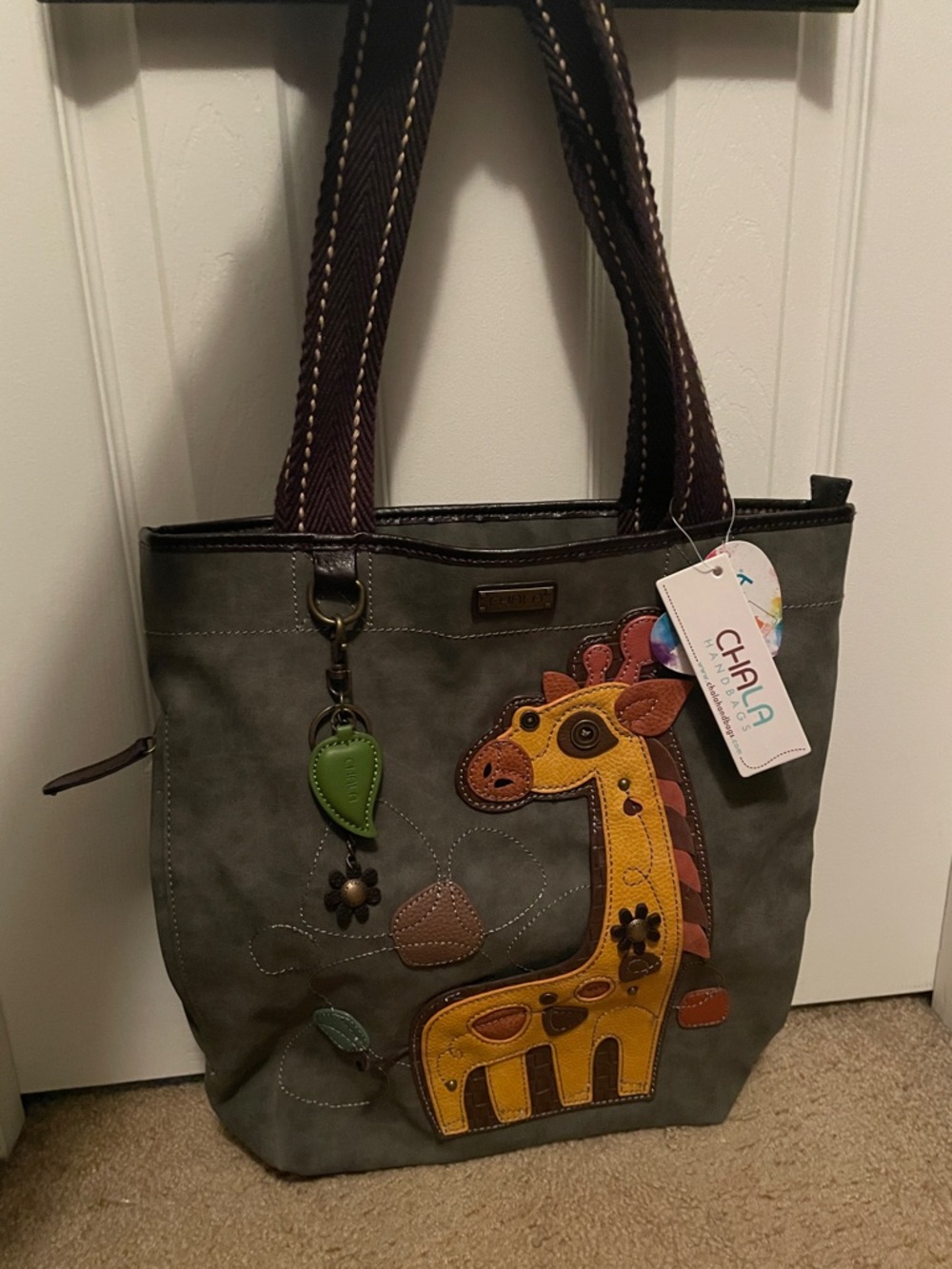Chala Gray Tote with Yellow & Brown Giraffe Applique and Green Charm